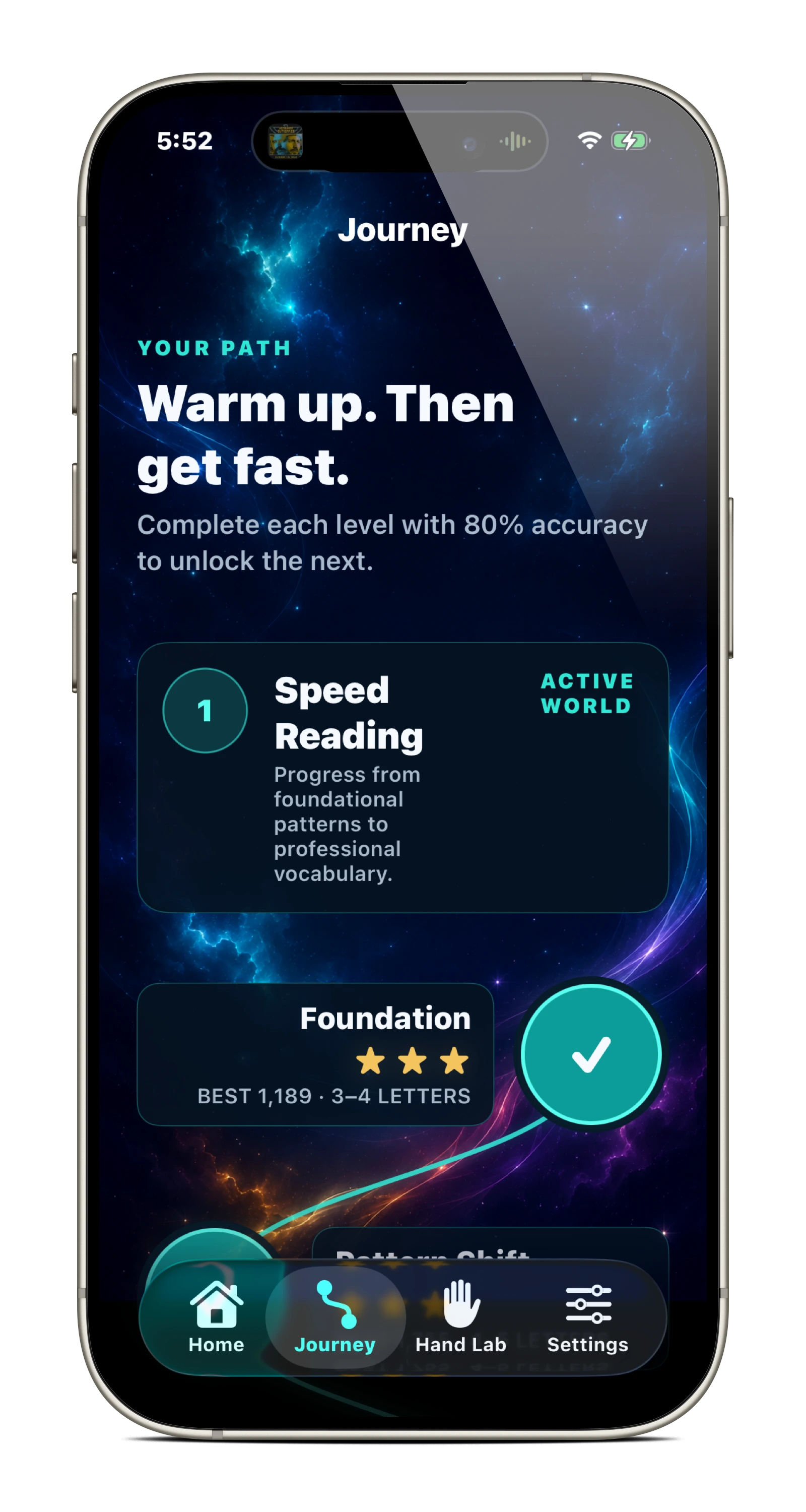 Speedy Fingers journey screen with a progressive path of ASL word levels.