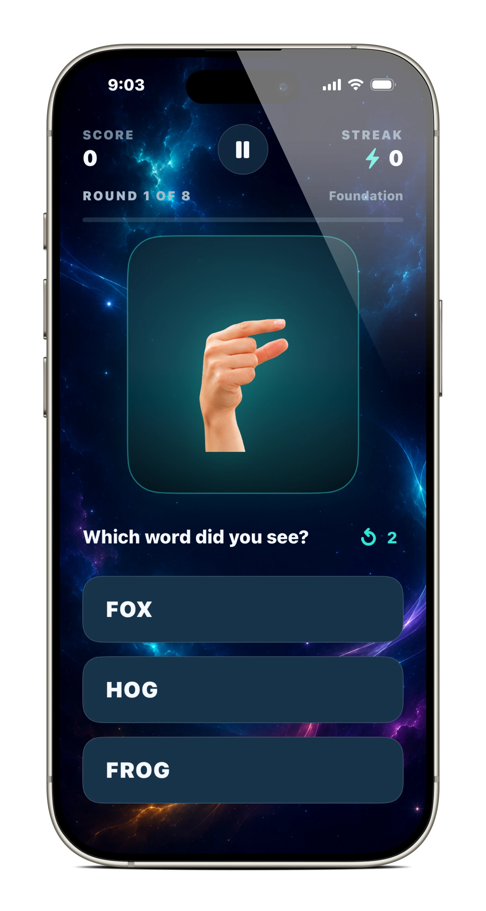 Speedy Fingers gameplay screen asking the player to recognize a fingerspelled word.