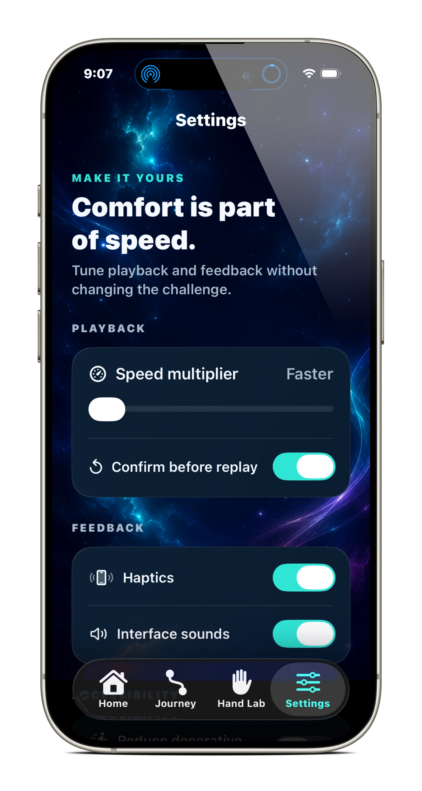 Speedy Fingers settings for playback, feedback, motion, and contrast.