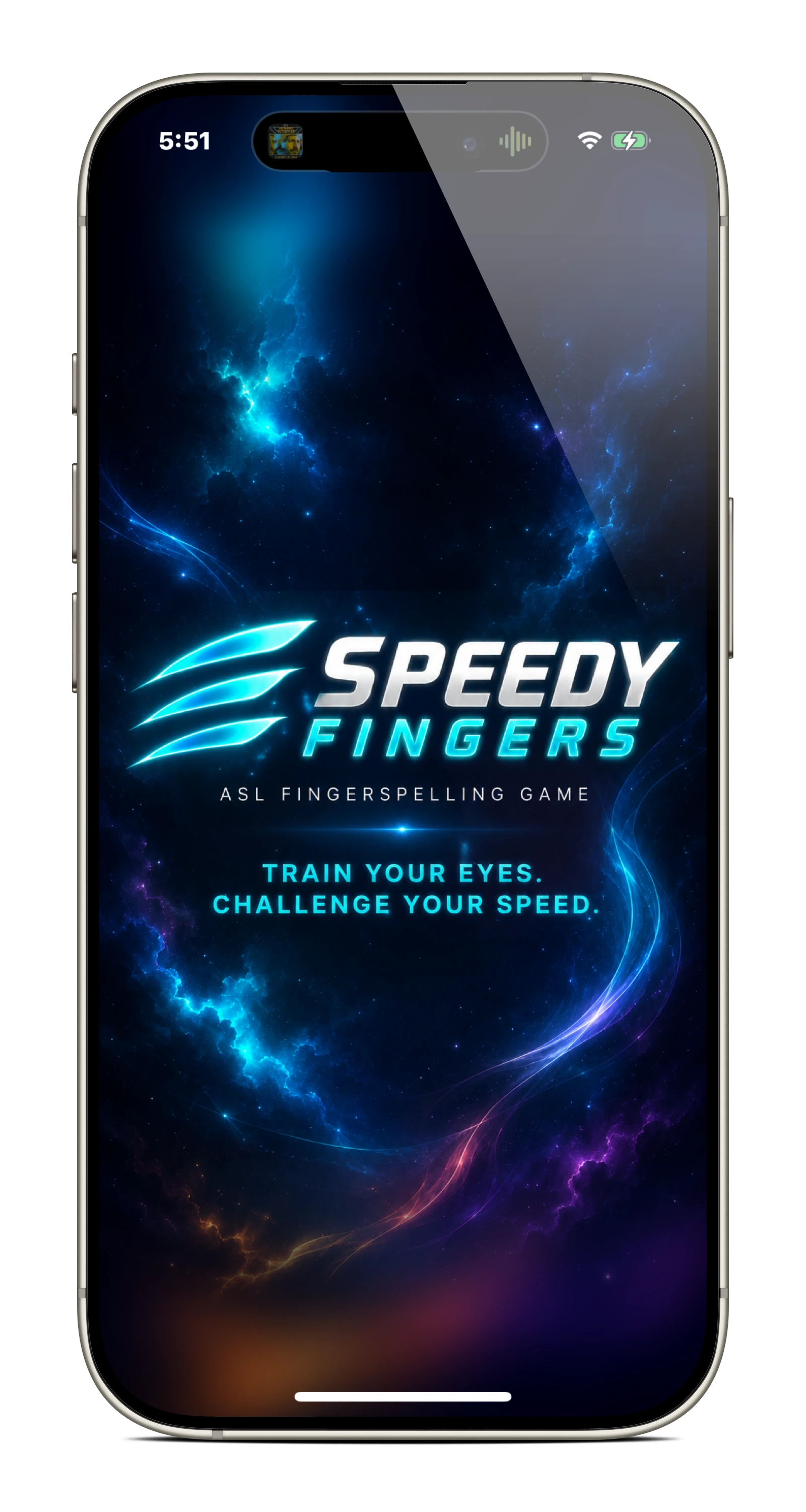 Speedy Fingers launch screen with the game logo and nebula artwork.